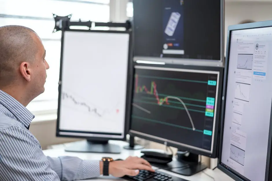 A trader analyzing a stock trend on a computer screen with charts and indicators.