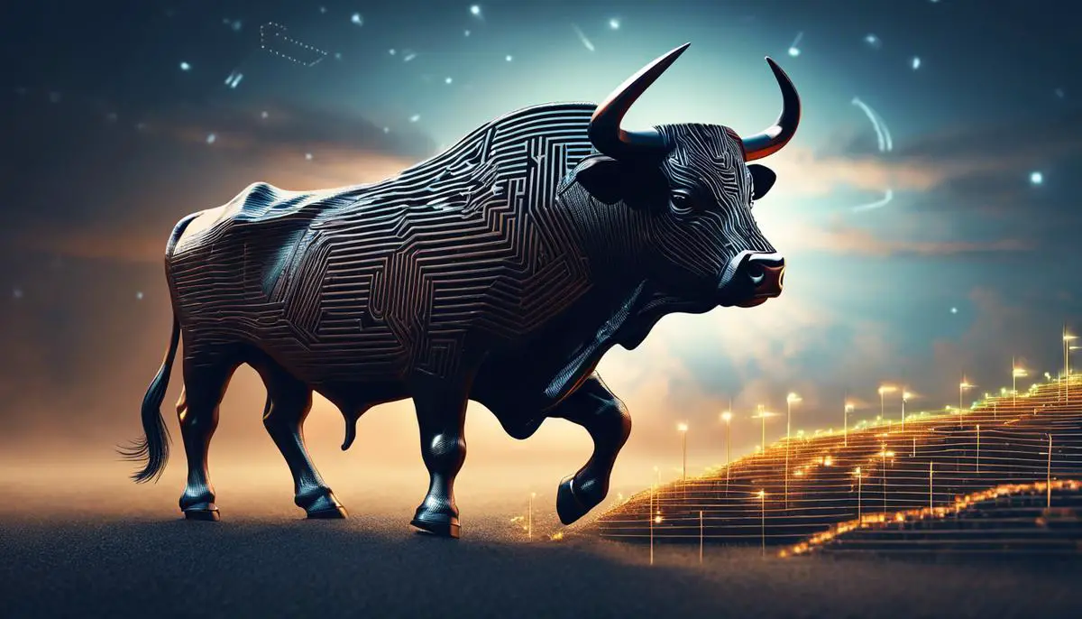Image illustrating the concept of navigating the cryptocurrency market, showing a bull with a maze-like pattern on its horns.
