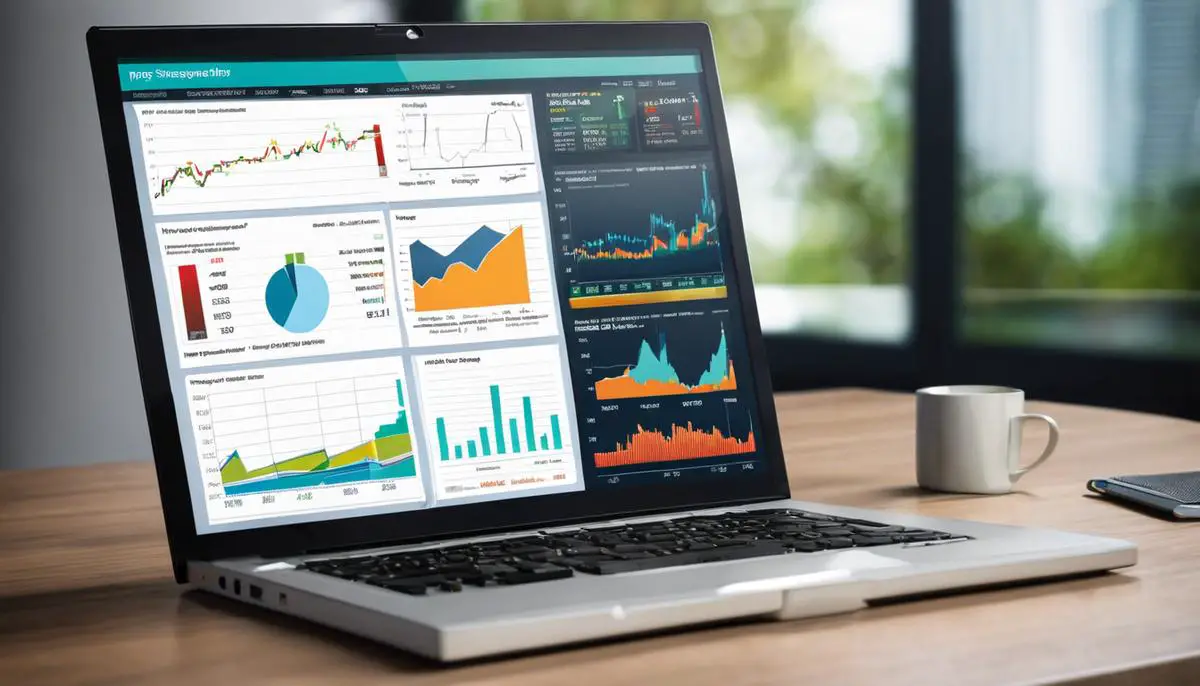 A laptop screen displaying financial charts and graphs.