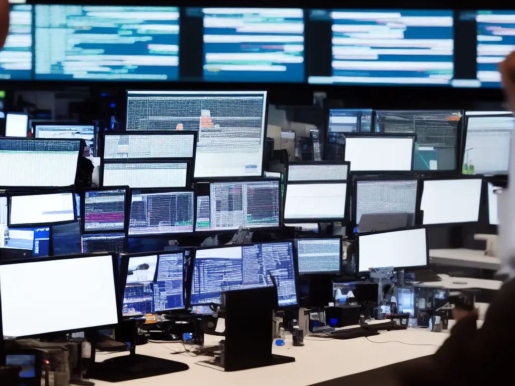 An image of a person sitting at their computer, looking at a trading platform and making a trade. The screen of the computer displays the stock exchange market.