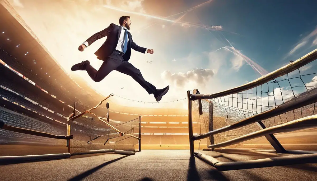 Image of a businessman jumping over regulatory hurdles in the cryptocurrency market.
