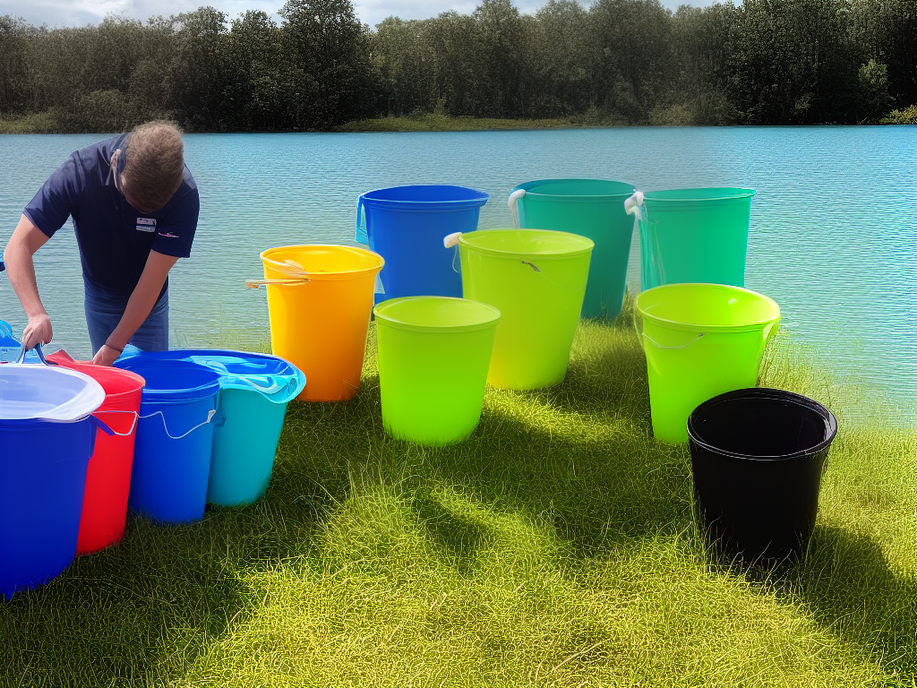 An image of various sized buckets with different levels of water in each representing risk levels, with a person holding a bucket representing an investor trying to balance their portfolio.