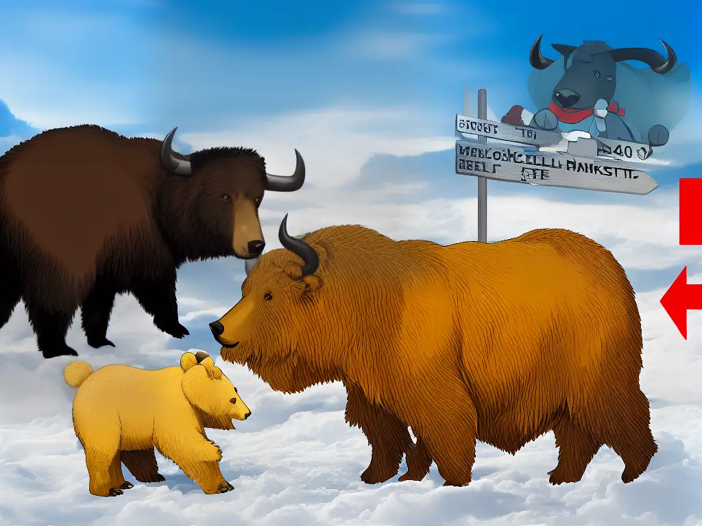 A cartoon image showing a bear on one side and a bull on the other, representing the bearish and bullish market trends in stock market investing.