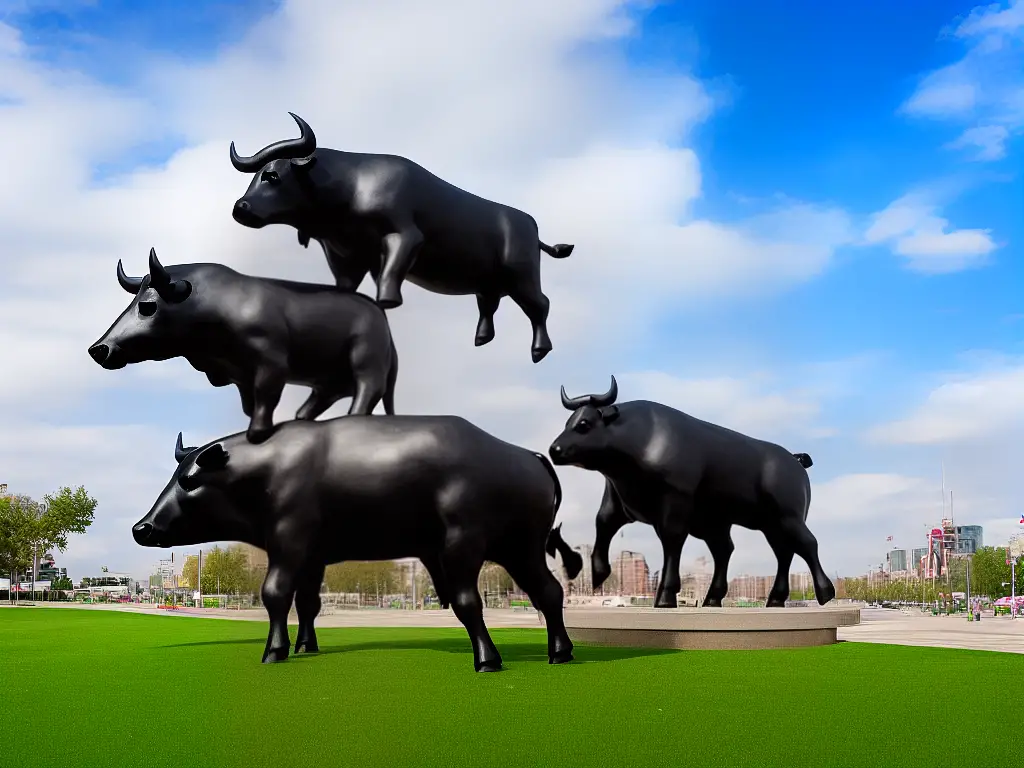 An image of a bull and bear statue sculpture, representing the stock market trends. The bull represents a rising market trend while the bear represents a declining market trend.