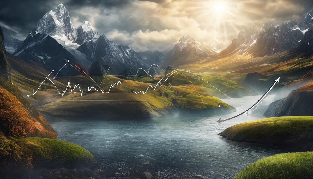 Image depicting a stock market landscape with various arrows representing the fluctuating nature of the market
