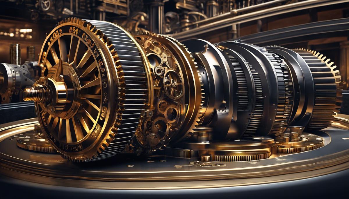 Illustration depicting the stock market engine, the system of gears and pistons that power the global financial market.