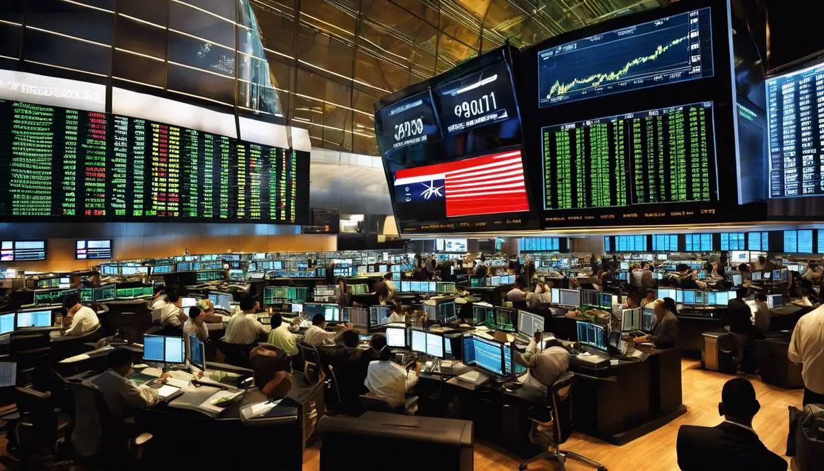 An image depicting the stock market, with bustling traders and monitors displaying stock prices