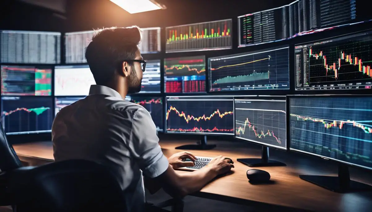 Image depicting a person looking at a computer screen with stock market charts and graphs, representing the topic of stock options