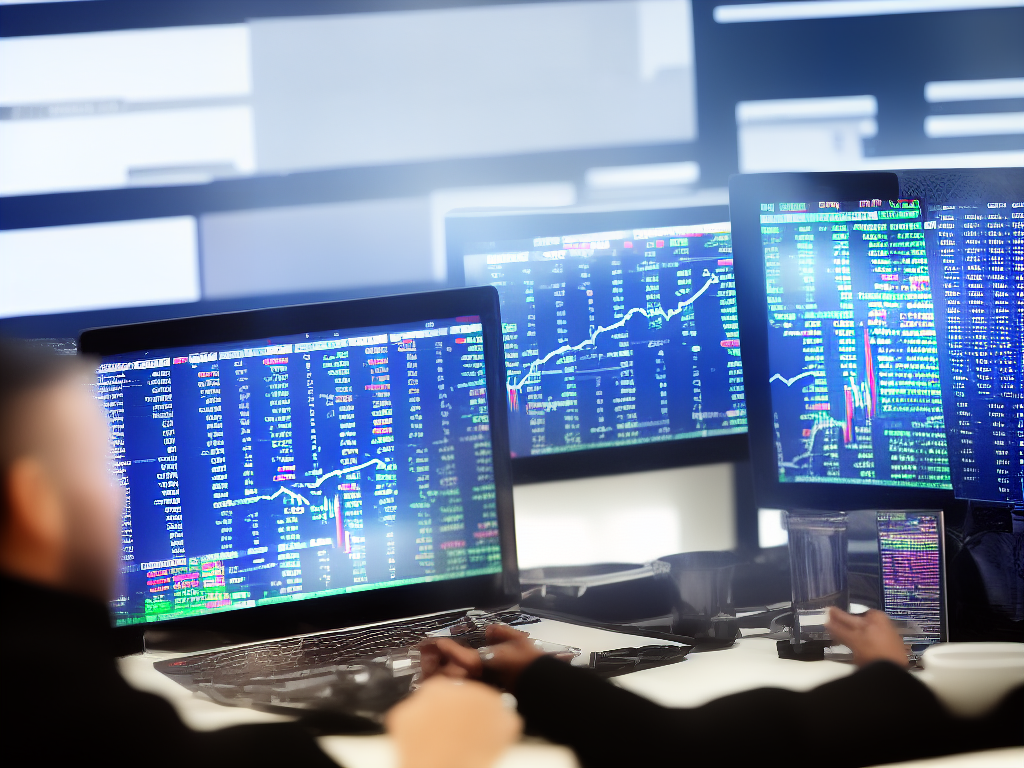 An image of a person looking at stock charts on a computer screen with dollar signs around them.