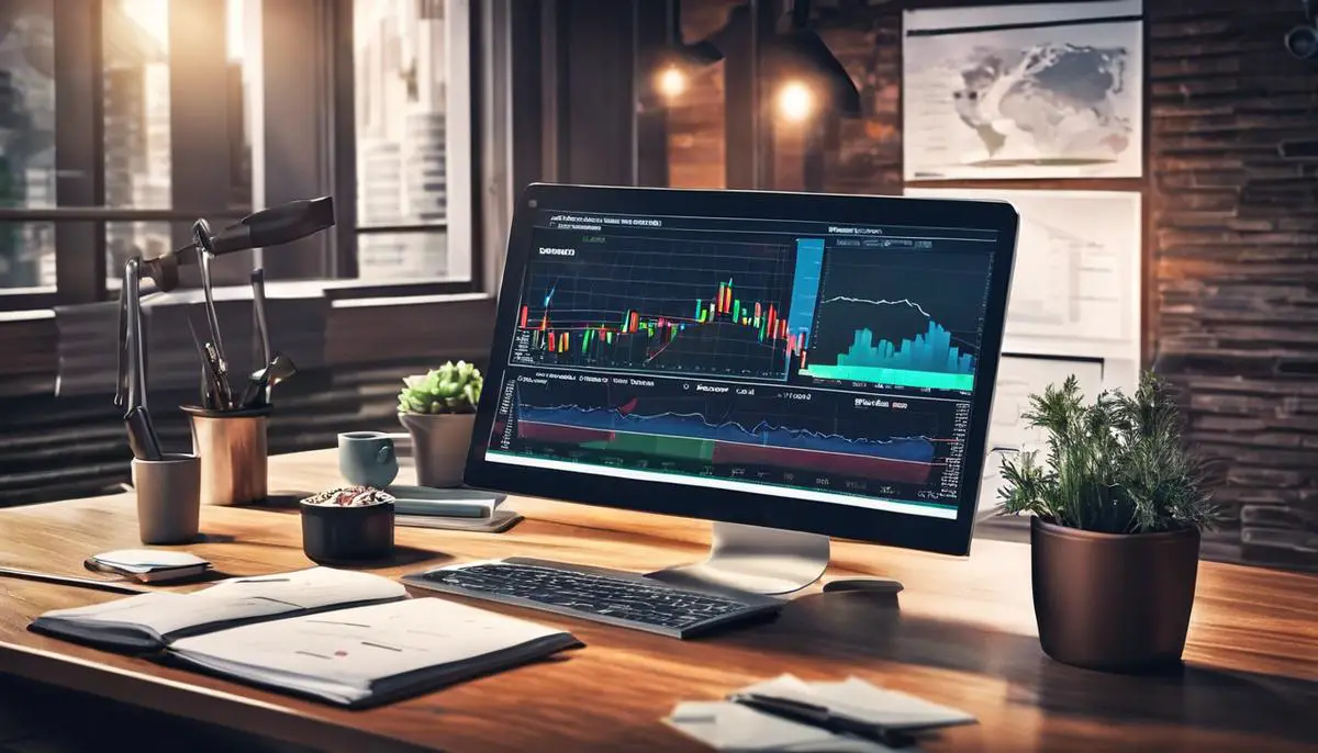 Illustration of a business person using technical analysis tools to predict market trends.