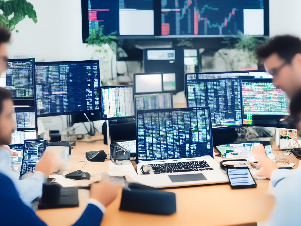 An image showing four traders engaged in different trading activities. The first trader is analyzing financial data, the second is shown investing in growing industries, the third is receiving dividend payouts and the fourth is monitoring price charts.
