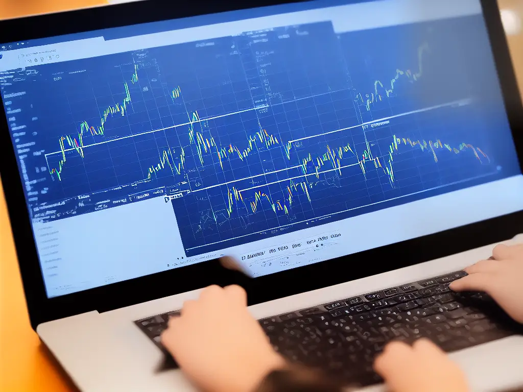 An image of a laptop with trading charts and various indicators displayed on it.