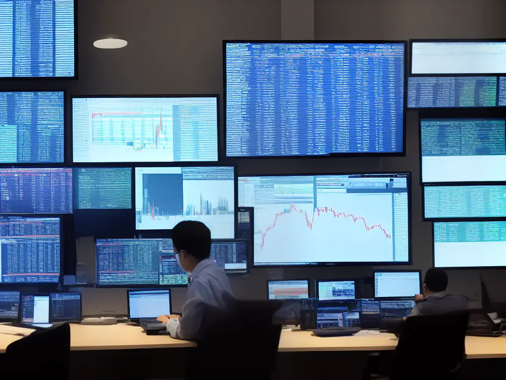 Image Description: A person sitting at a computer in a well-lit room, monitoring graphs or charts on the screen displaying prices of stocks or other financial instruments.