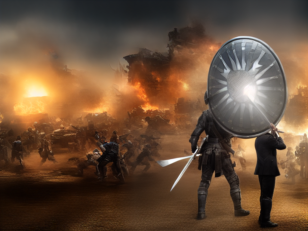 A cartoon image of a person standing behind a shield, protecting themselves from economic downturns.