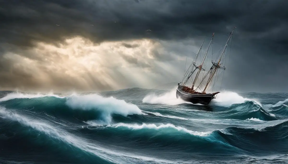 An image illustrating portfolio diversification, showing a boat in calm waters and another boat being hit by a storm