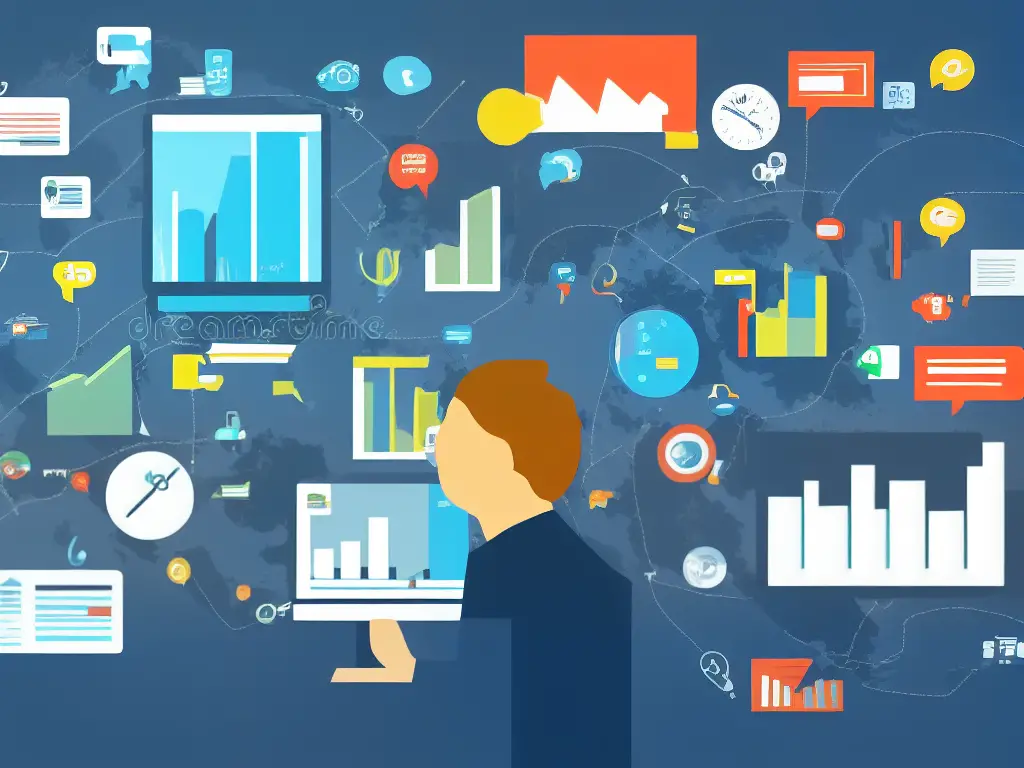 A cartoon image of a person looking at a computer screen with graphs and charts on it and scratching their head in confusion.