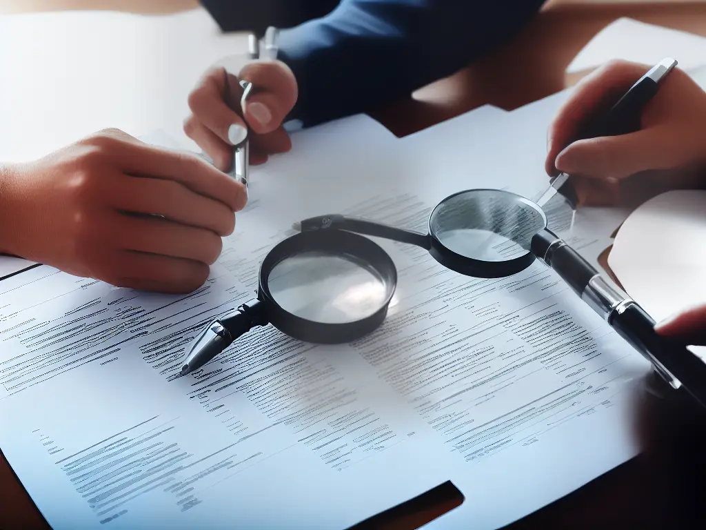 Example image of a person analyzing a financial document with a magnifying glass.