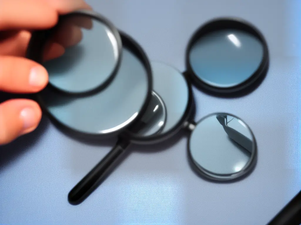 An image showing a person looking at financial statements and key financial ratios on a computer screen with a magnifying glass.