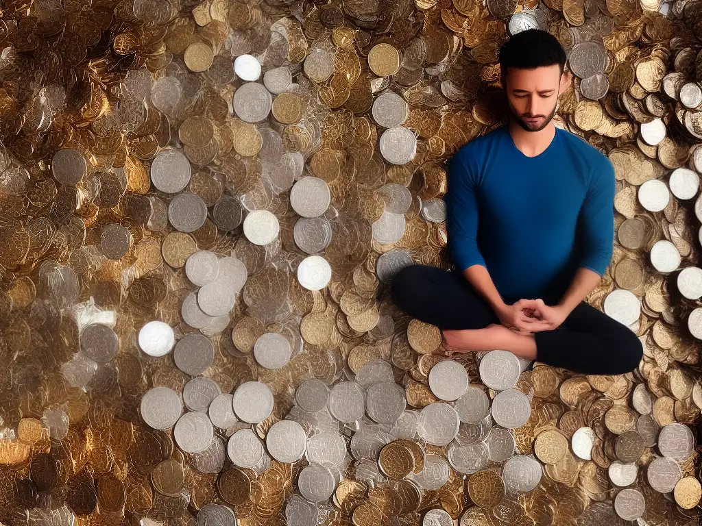 An image of a person meditating with a pile of coins in front of them, representing the importance of managing emotions while investing.