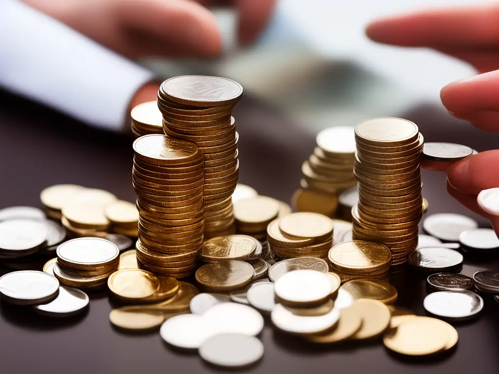 A hand holding a stack of different coins representing different asset classes - stocks, bonds, real estate, commodities, and cryptocurrency