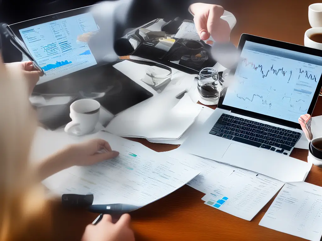 An image showing a person managing a portfolio, with various types of assets like gold, cash, bonds, mutual funds, and company stocks in hand and different chart patterns in the background.