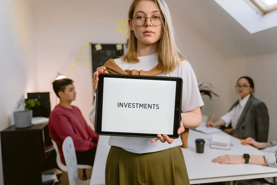 A cartoon of a person using a laptop computer and talking with other people on a separate screen through video chat. The laptop and the person's surroundings are decorated with various investment-related items such as stock charts and currency symbols.