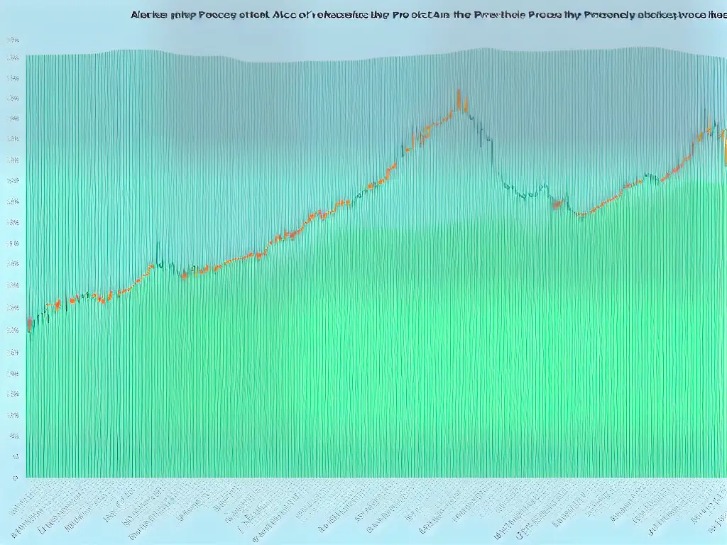 A chart showing a company's stock price over time, with the price axis on the left and the time axis on the bottom. The stock prices are represented by a blue line with green dots representing the closing price each day. There are also red and green bars above and below the line, indicating price volatility.