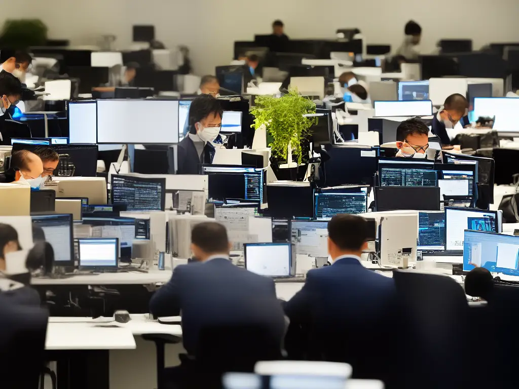 A group of traders seated at their desks; Some are on phones, while others monitor computer screens and work with various papers.