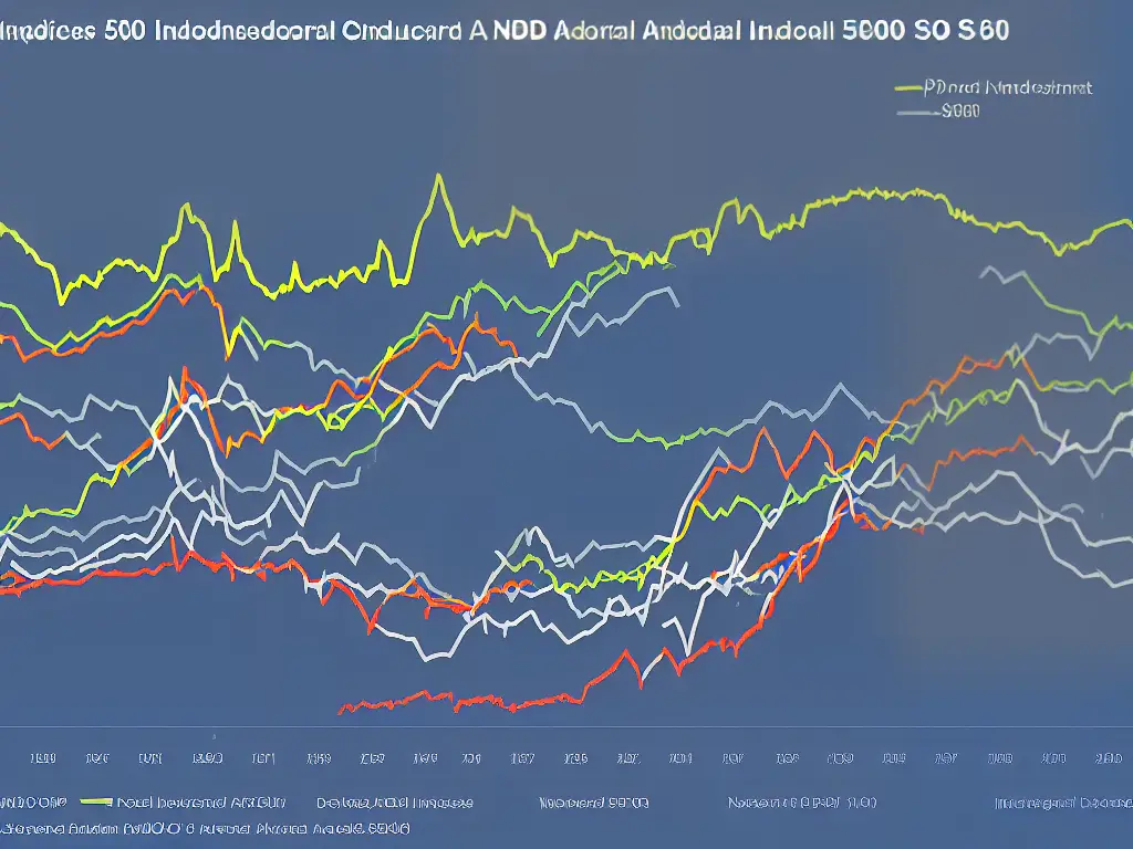 An image depicting a graph of the S&P 500, Nasdaq Composite, and Dow Jones Industrial Average indices over time, with labels indicating significant events in the economy at the time of changes in the indices.