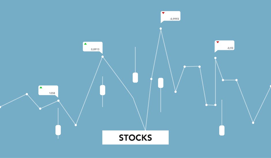 A cartoon showing a person holding a money bag and standing on a graph that is going up. Above the graph are signs for stocks and investments.