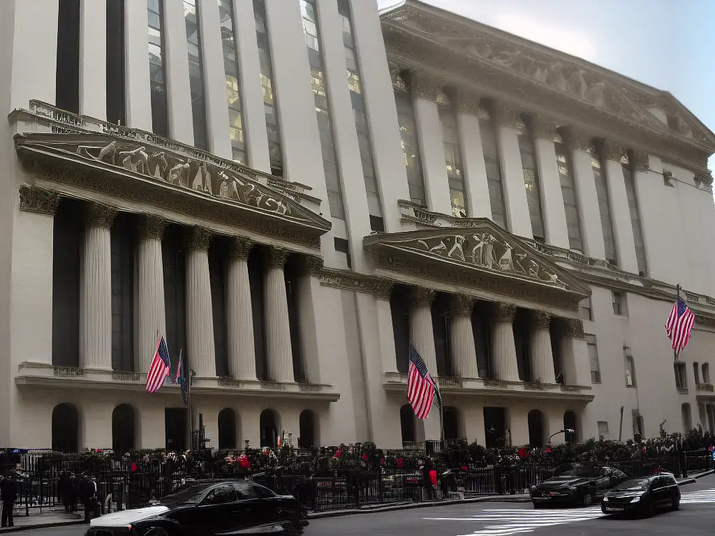 An image showing the New York Stock Exchange building with people trading on the trading floor inside.