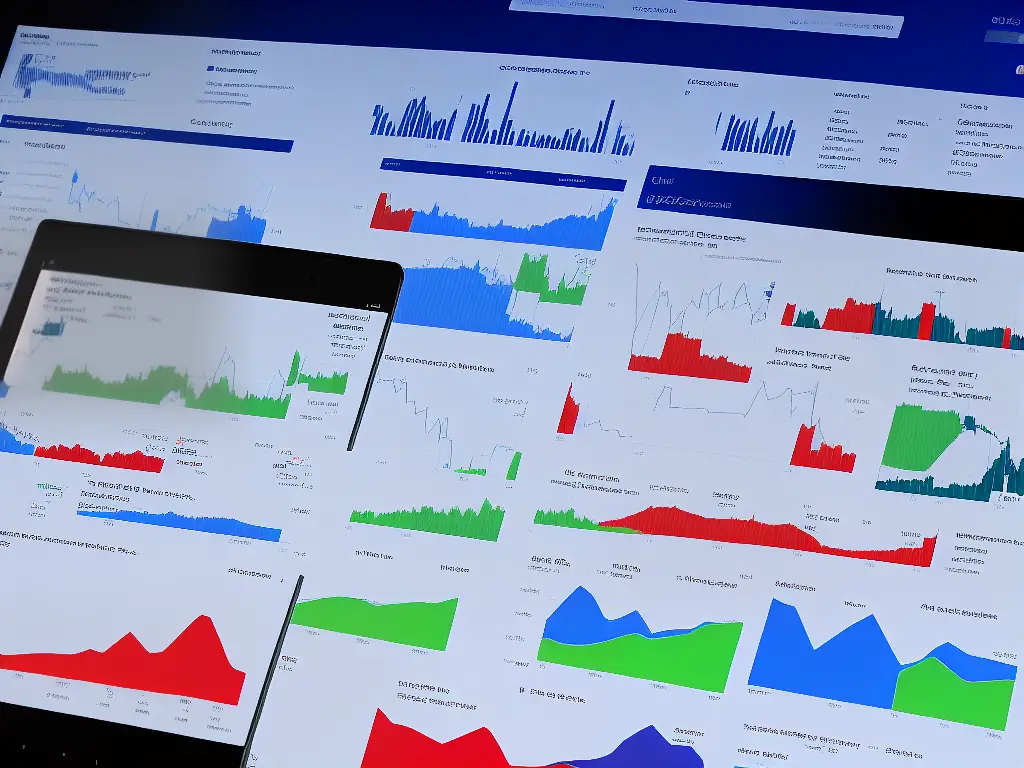 A screenshot of a stock market analysis report displaying various graphs and charts with stock market data including price and volume.