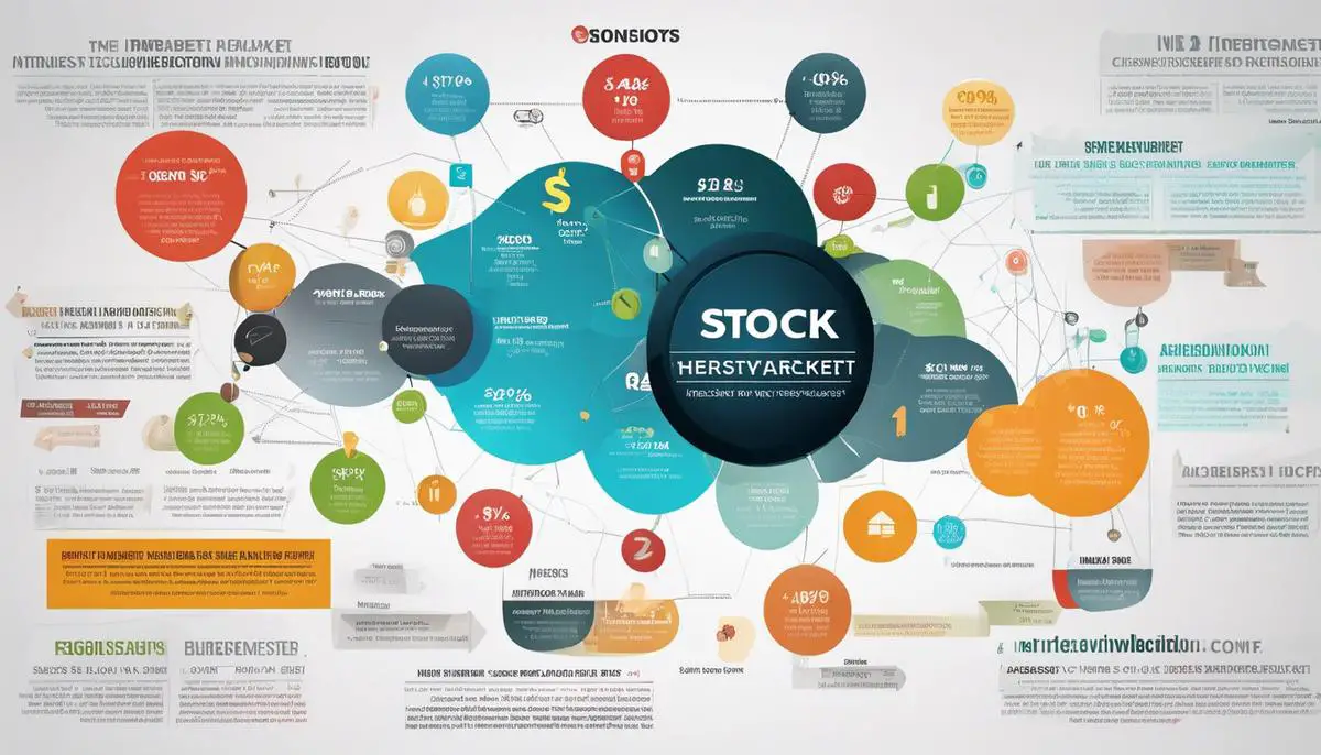 Image describing the interconnected factors driving the stock market including economic indicators, earnings reports, interest rates, news, innovation, market sentiment, and diversification.