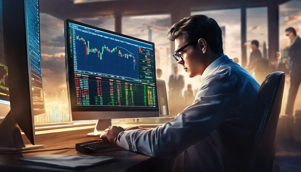 Illustration of a person playing a stock market game on a computer with intense focus.