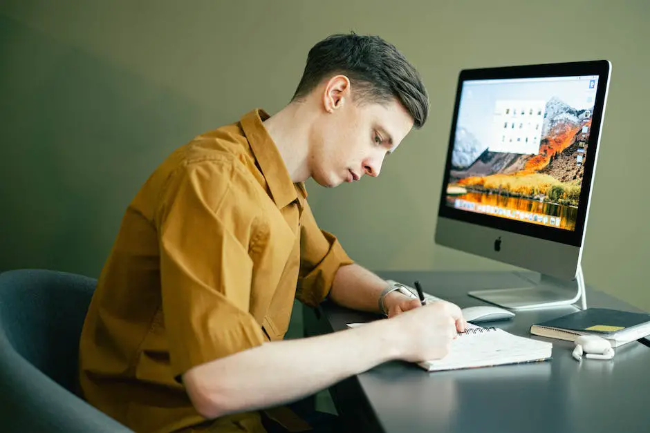 A cartoon illustration of a man sitting at a desk, surrounded by books, a computer, and other learning resources while holding a pen and paper to take notes.