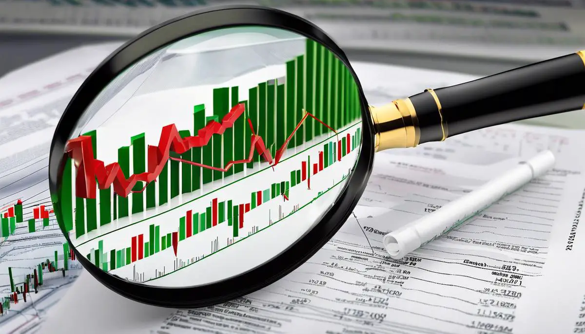 An image depicting a magnifying glass on a stock chart, symbolizing the importance of risk management in stock trading.