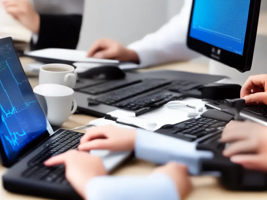 A person working on their computer, looking at financial charts. The person appears to be thoughtful and focused on the task at hand.