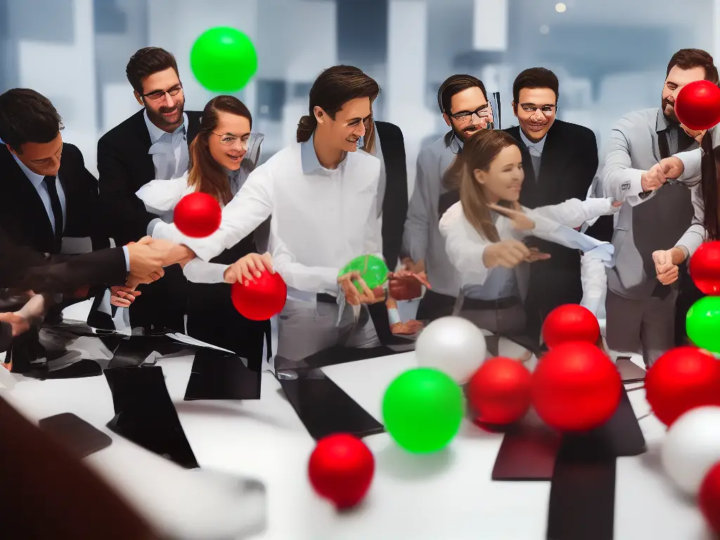 A cartoon image of a group of people standing around a large scale. They are examining a balance between red and green balls, with one person holding a large magnifying glass. The image represents ethical considerations and maintaining a balance in the stock market.