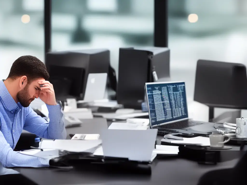 A person sitting at a desk with a laptop and a notebook, deep in thought and analyzing stock market data.