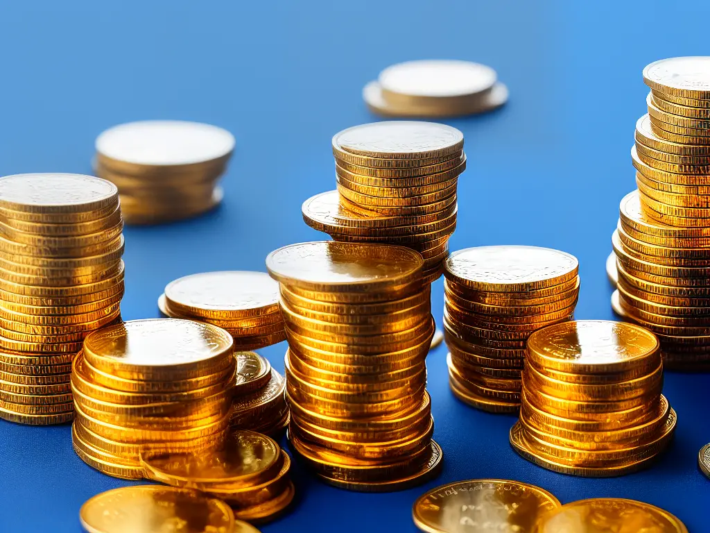 An image of a stack of gold coins with the word 'investment' on them, surrounded by a blue background.